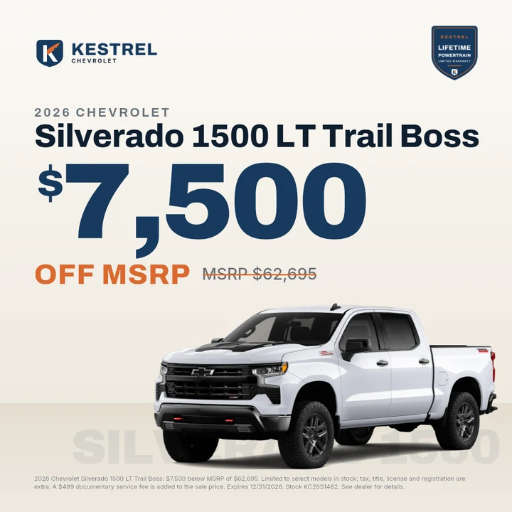 A Kestrel Chevrolet $ off msrp banner, 1080 by 1080