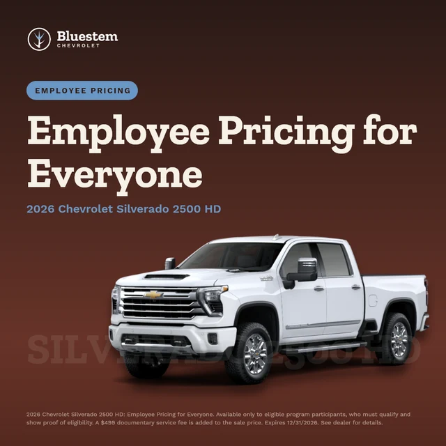 A employee pricing banner for Bluestem Chevrolet, a demo store