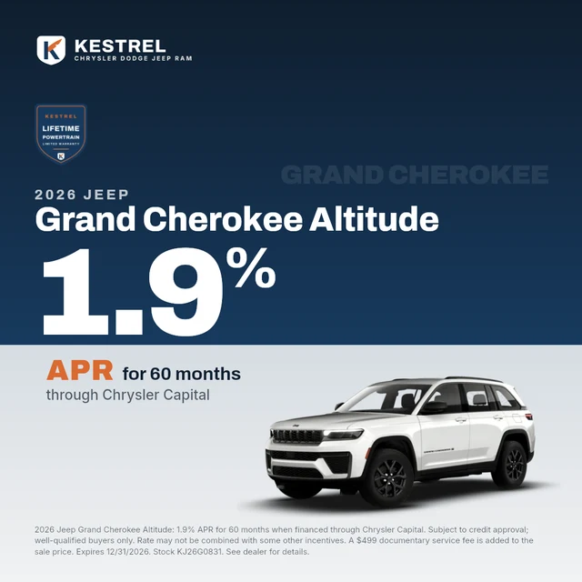 A finance rate banner for Kestrel Chrysler Dodge Jeep Ram, a demo store