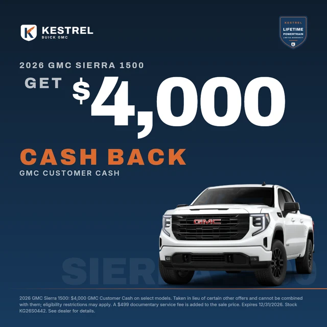 A cash back banner for Kestrel Buick GMC, a demo store