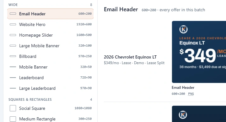 DealerMaker: every size of every offer, before anything is generated, on a demo store